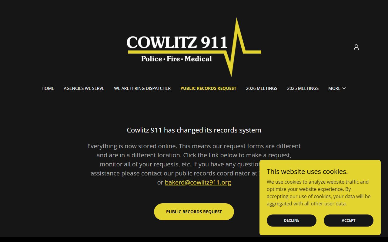 Longview Recent Bookings Cowlitz 911 records request page