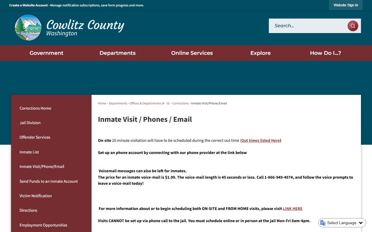 Cowlitz County Recent Bookings inmate services page