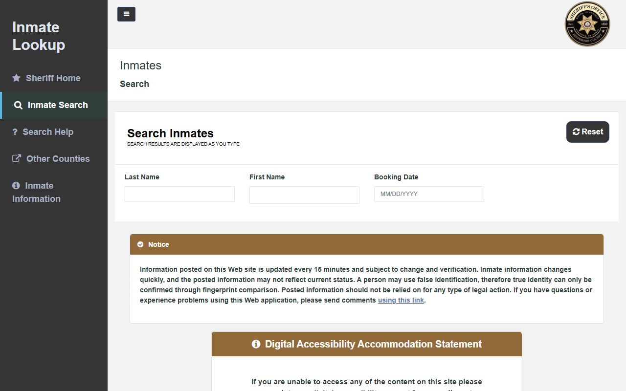 Jefferson County Recent Bookings inmate lookup screen