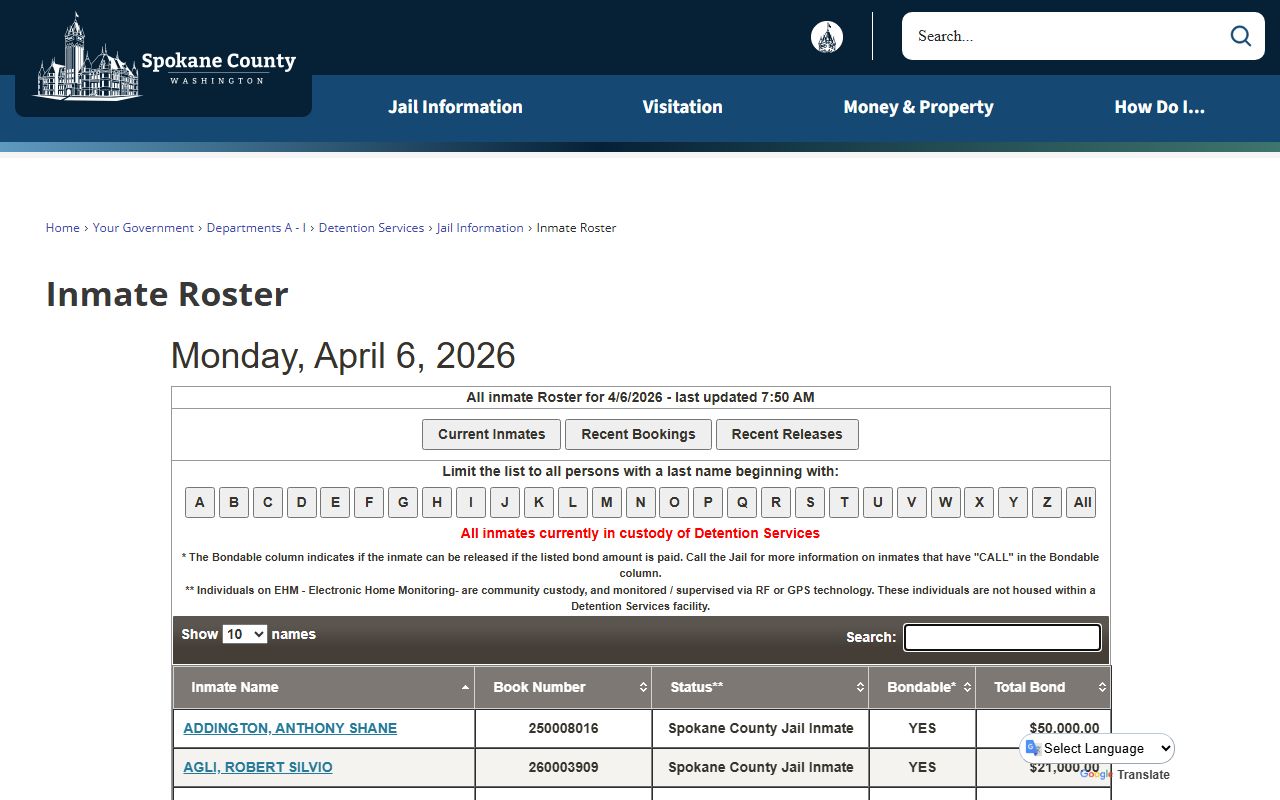 Spokane County Recent Bookings inmate roster