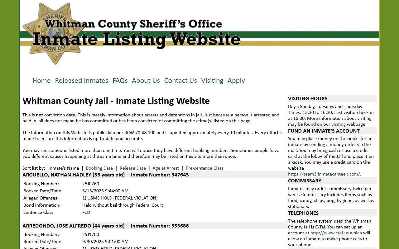 Pullman Recent Bookings Whitman County jail website